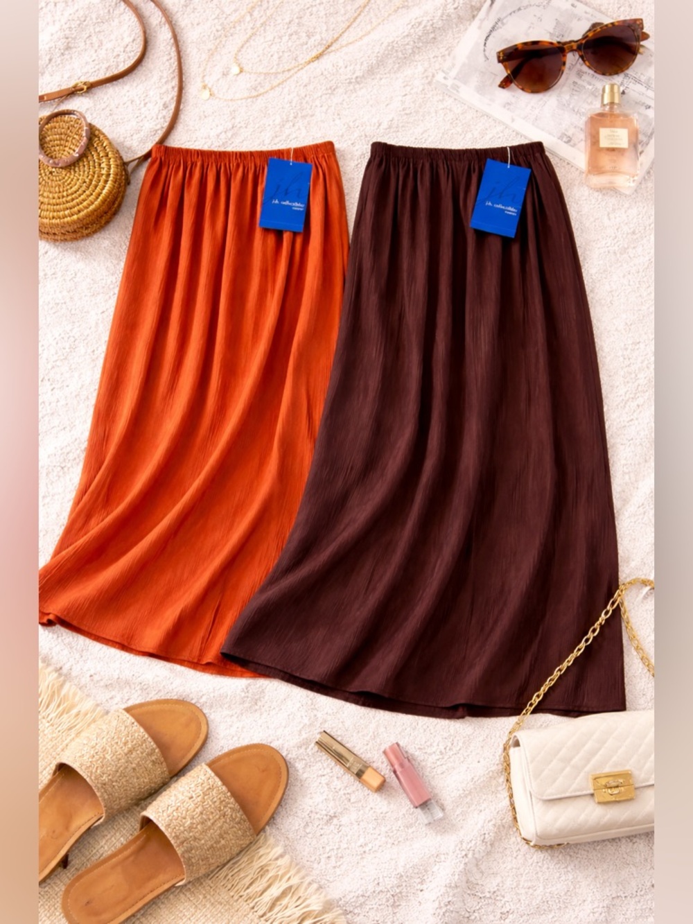 NWT JH Collectibles Pleated Midi Skirt Set Brown & Rust 16W Elastic Waist